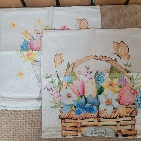 Pair of Canvas Pillow Covers Spring Flowers Basket Vase Watercolor 18x18" New - Picture 1 of 6